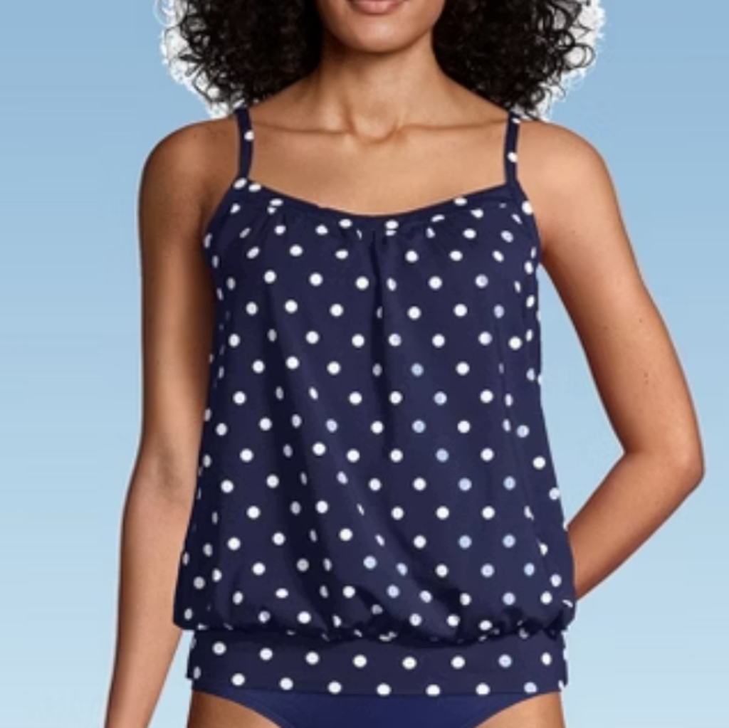 Nwt Land's End Navy Polka Dot Blouson Tummy Hiding Tankini Top Size Xs